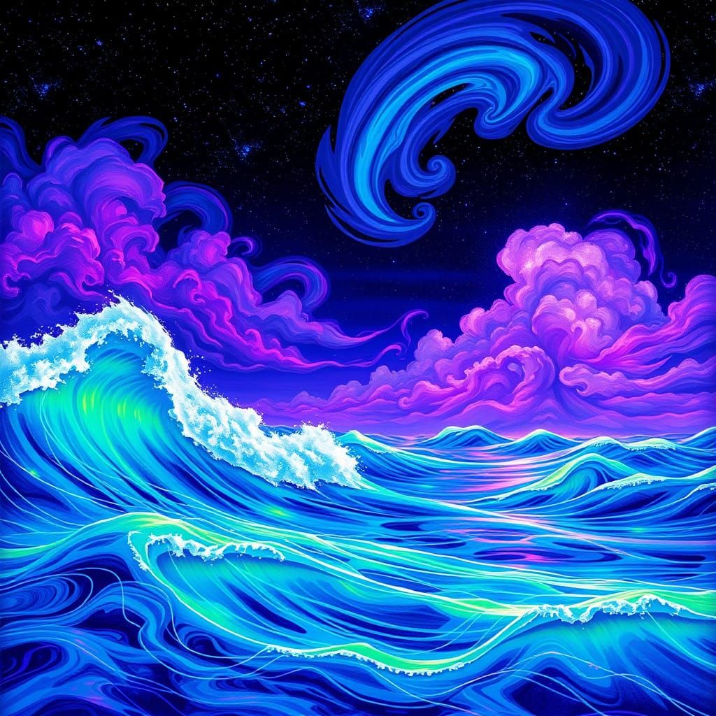 Ethereal Cosmic Waves Crash Against the Shore in a Mystical...