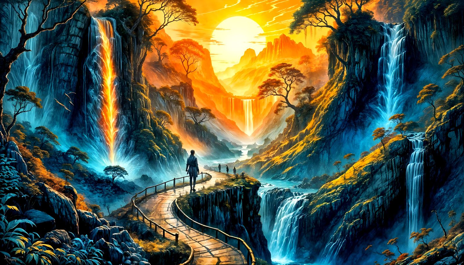 Mysterious Waterfalls at Sunset: Fantasy Ink Drawing