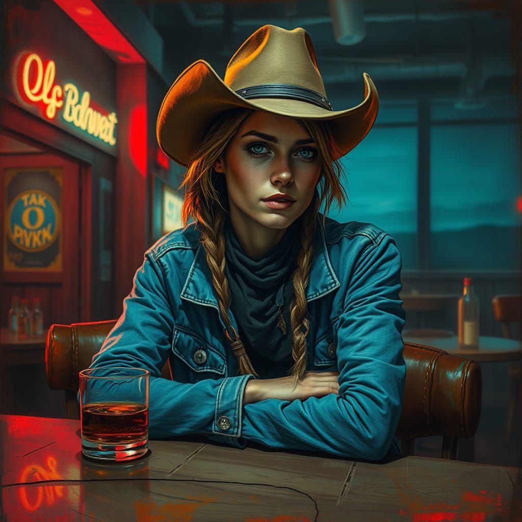 Rugged Cowgirl Contemplates the Horizon in Neon-Lit Saloon