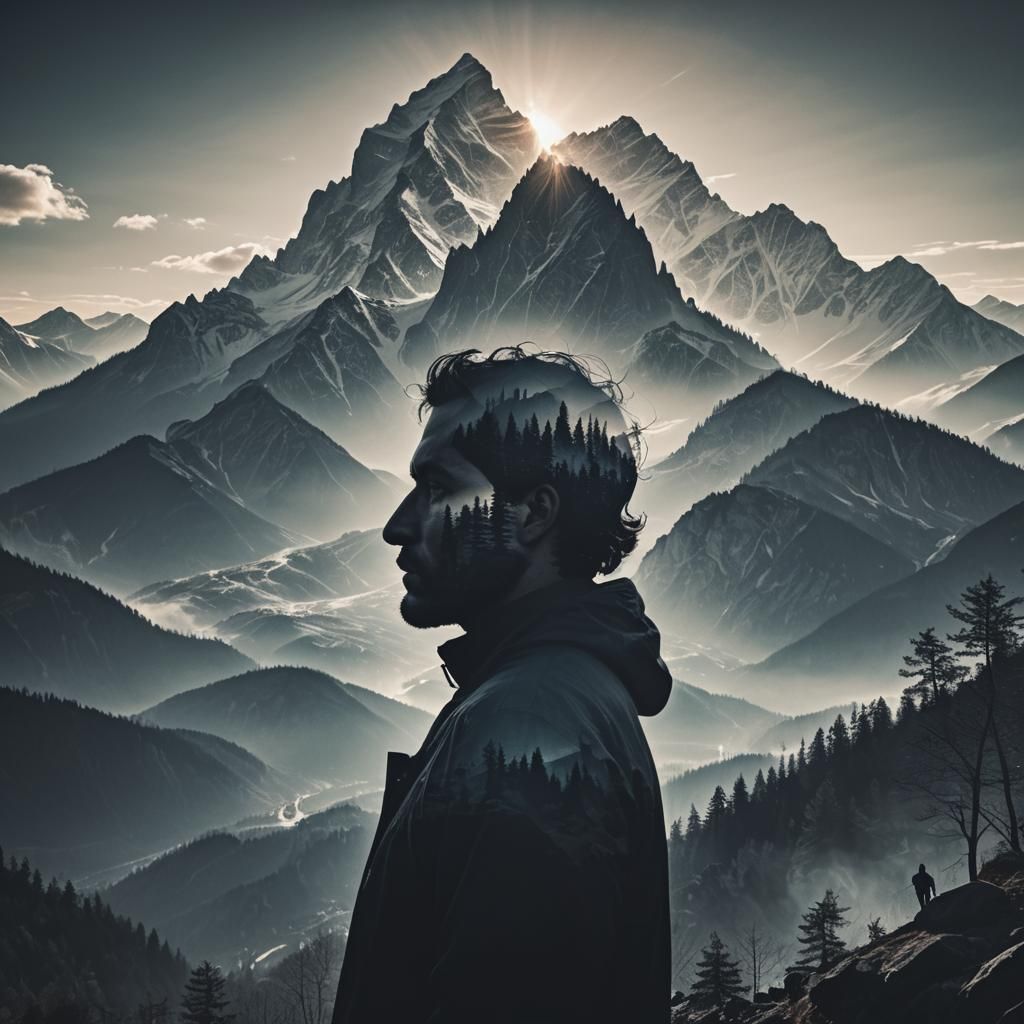 Silhouette Man in Mountain Fantasy Double Exposure