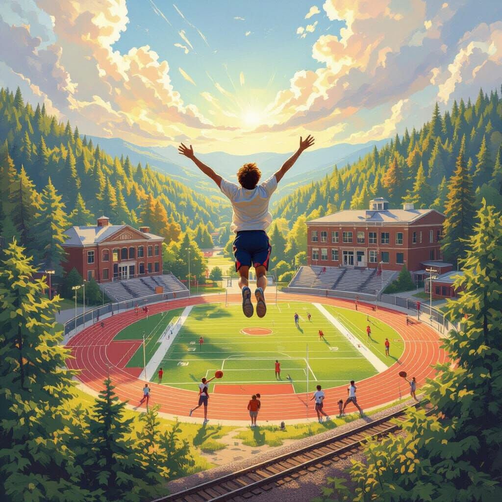 Person Soaring Above High School in Dreamlike Summer Scene