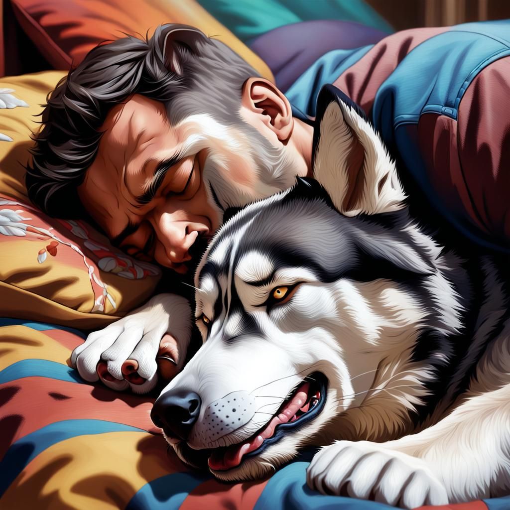 Man and Husky Sleeping: Hyperrealistic Concept Art