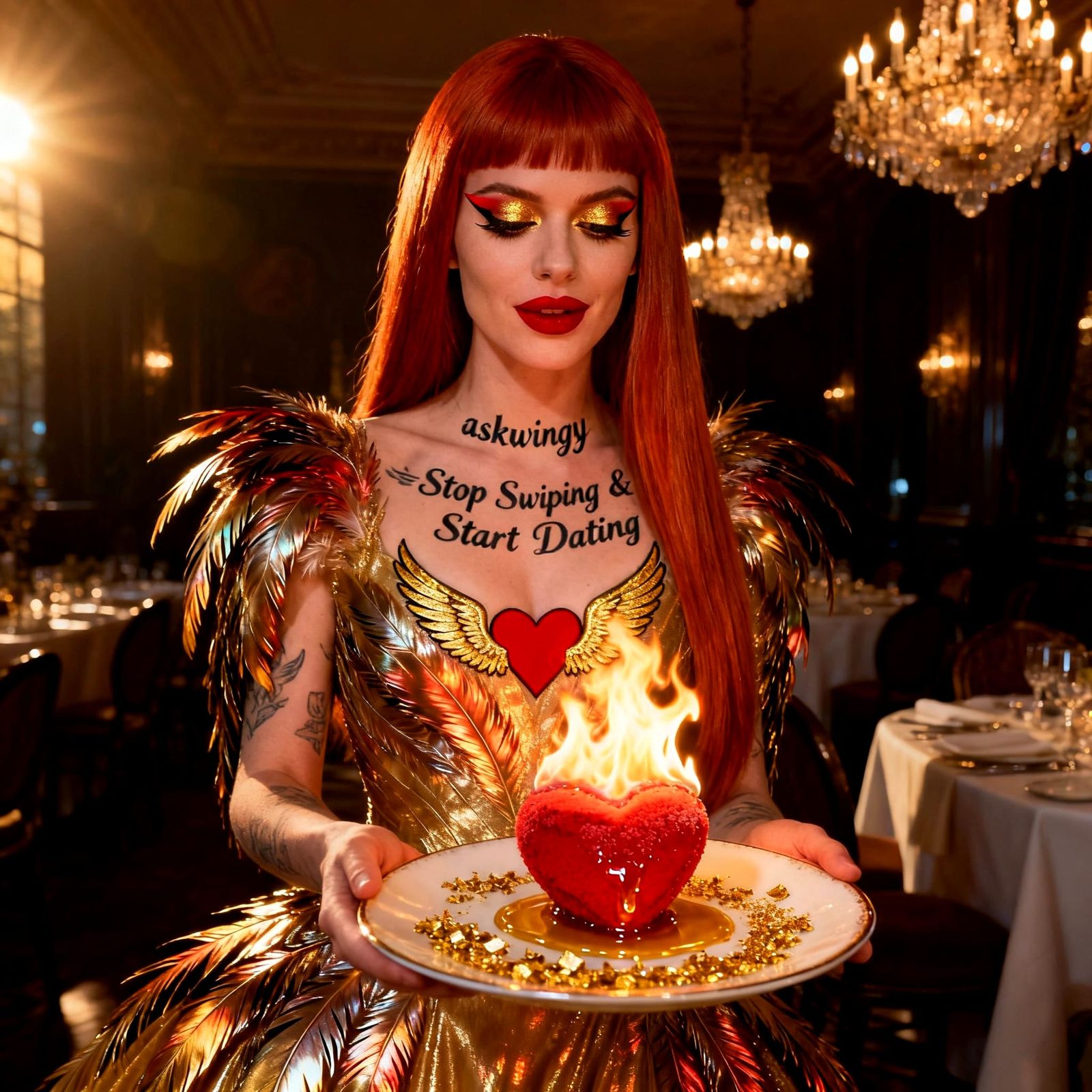 Glamorous Woman with Fiery Hair in Gold Gown