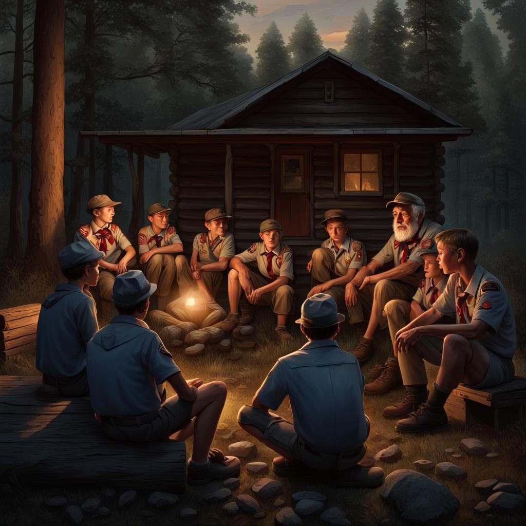 Friendly Old Man Telling Stories to Boy Scouts