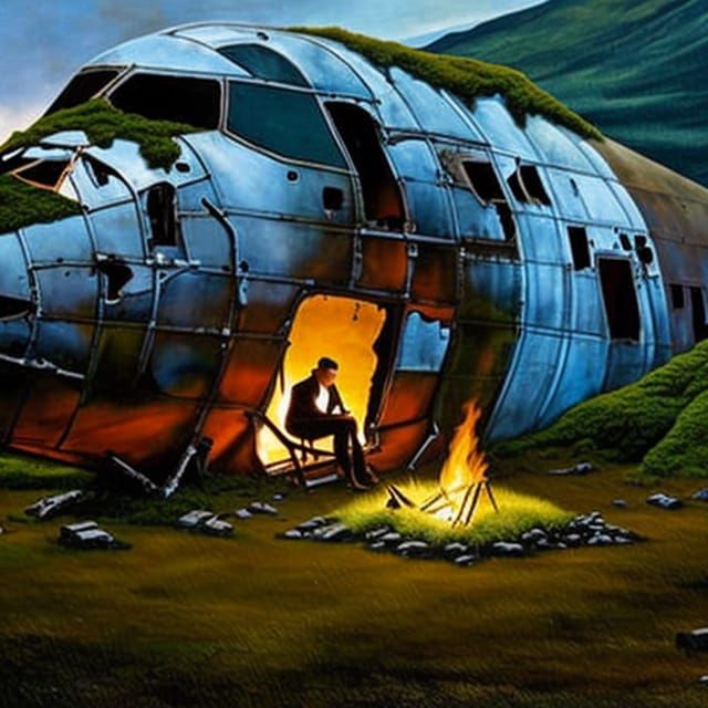 Surreal Ruined Airliner in Mossy Meadow