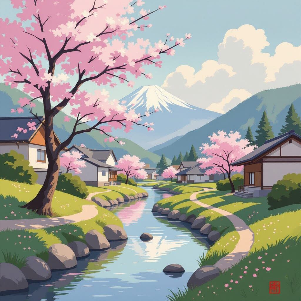Yamato-e Painting of Spring Renewal in Japanese Style