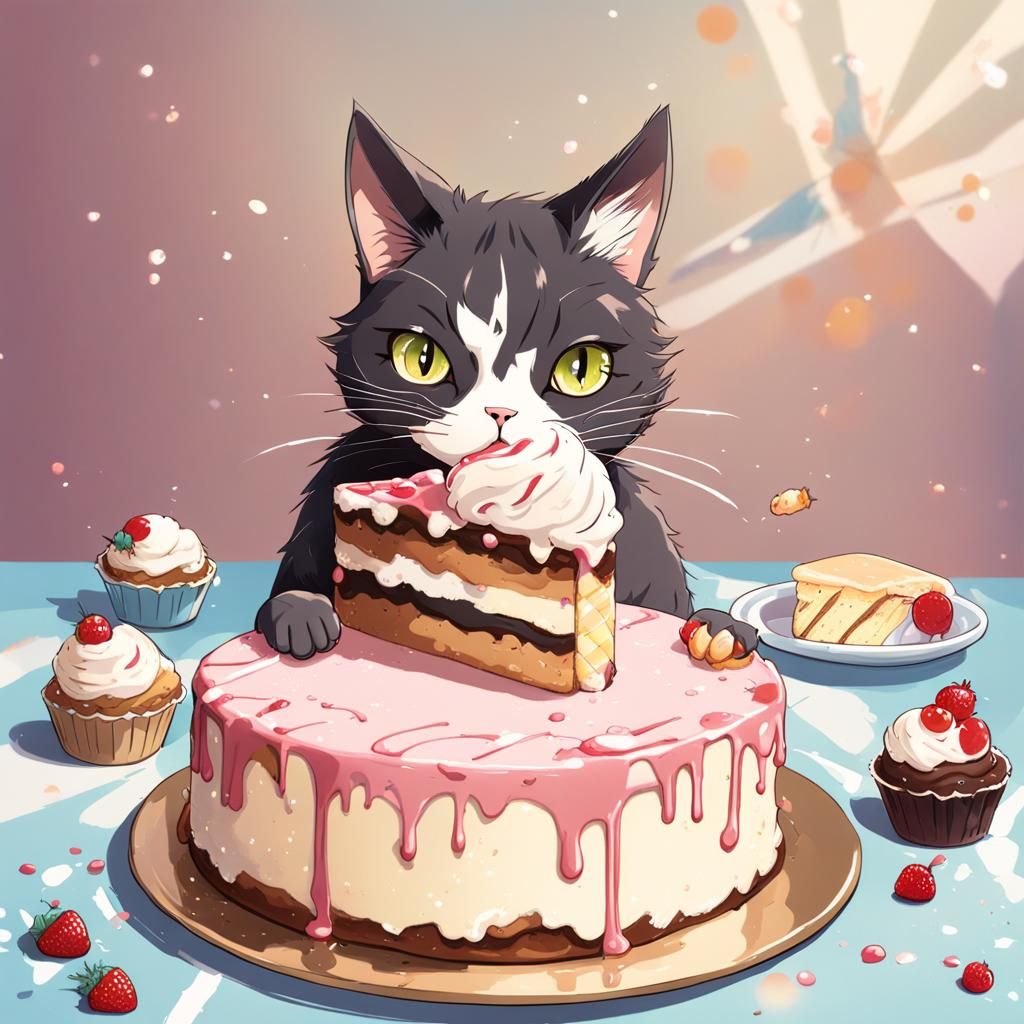 Cat's Anime Birthday: Cake and Ice Cream Feast