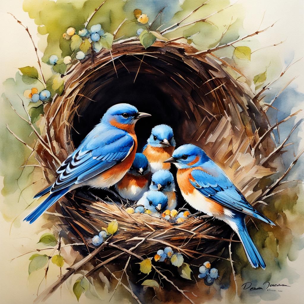 Bluebird Family in Nest: Watercolor Painting