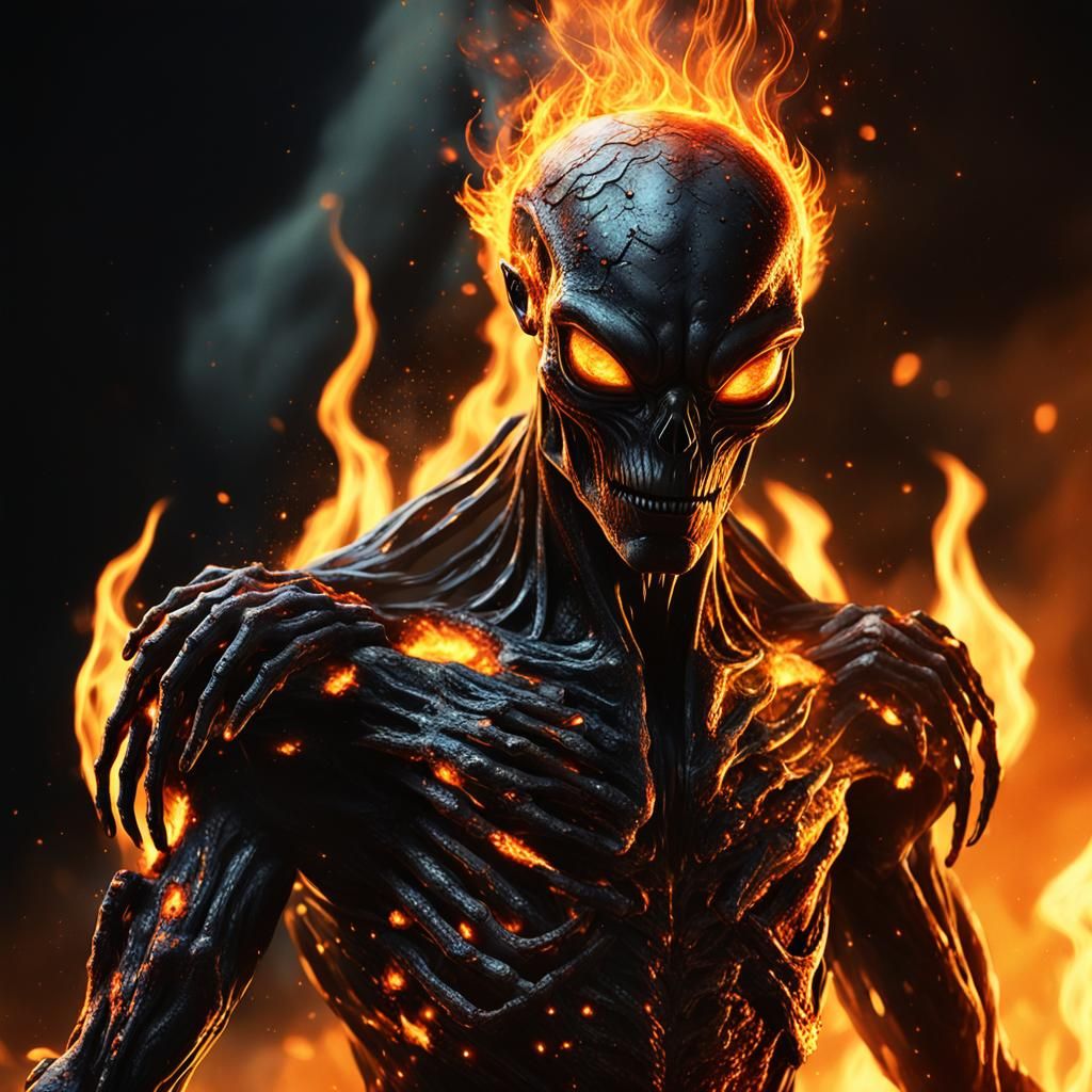 Eerie Alien Humanoid Engulfed in Flames