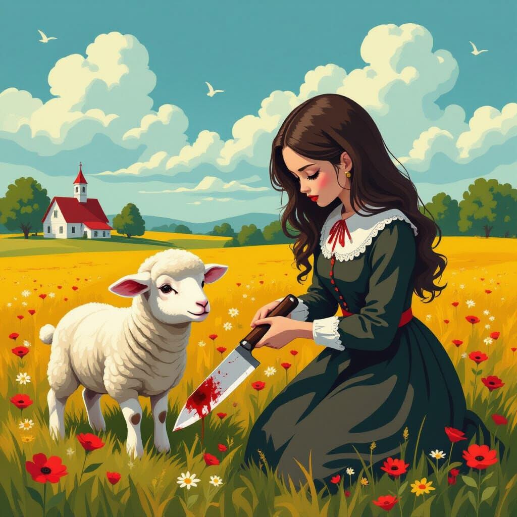 Menacing Mary and Lamb in Surreal Meadow
