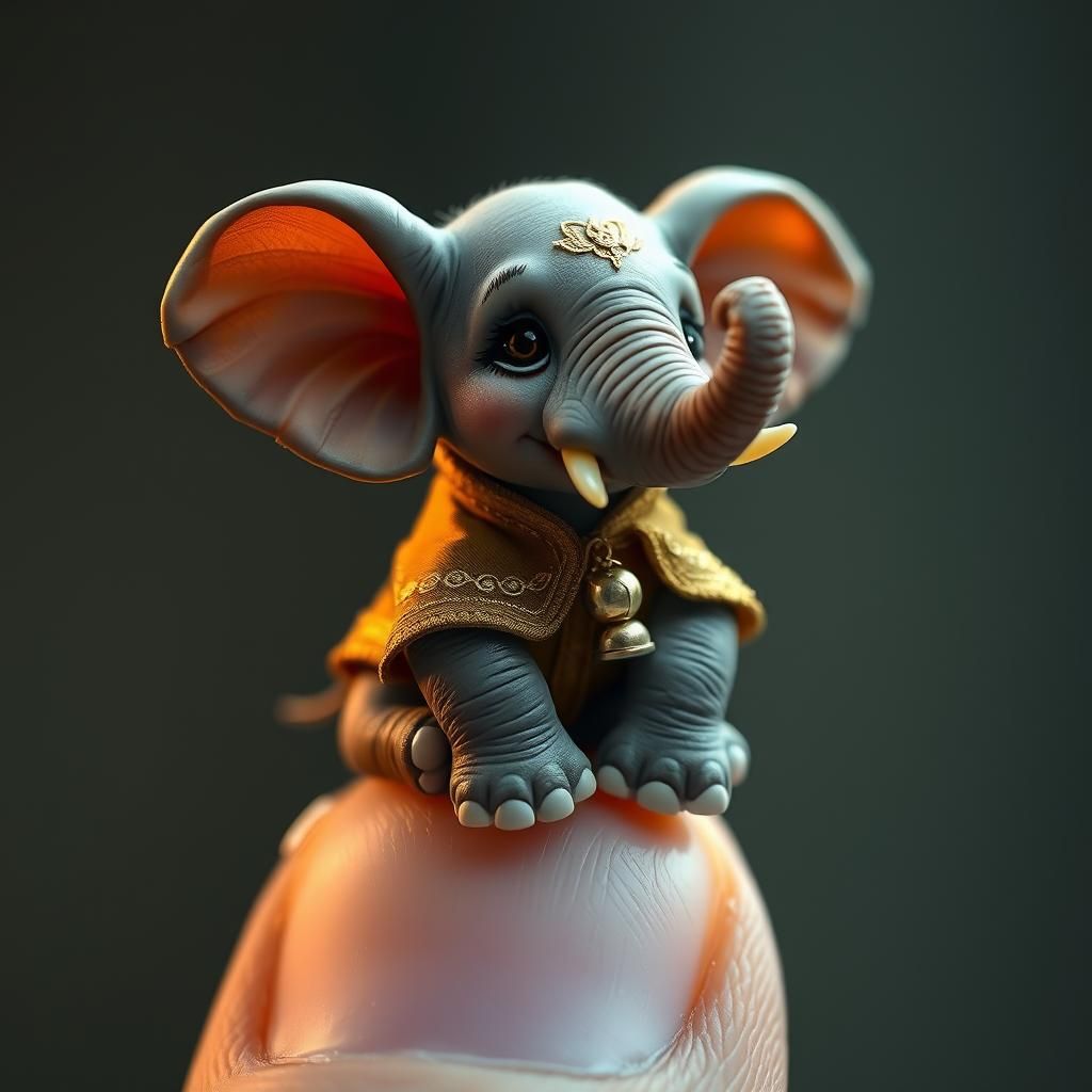 Miniature cute elephant on a giant finger