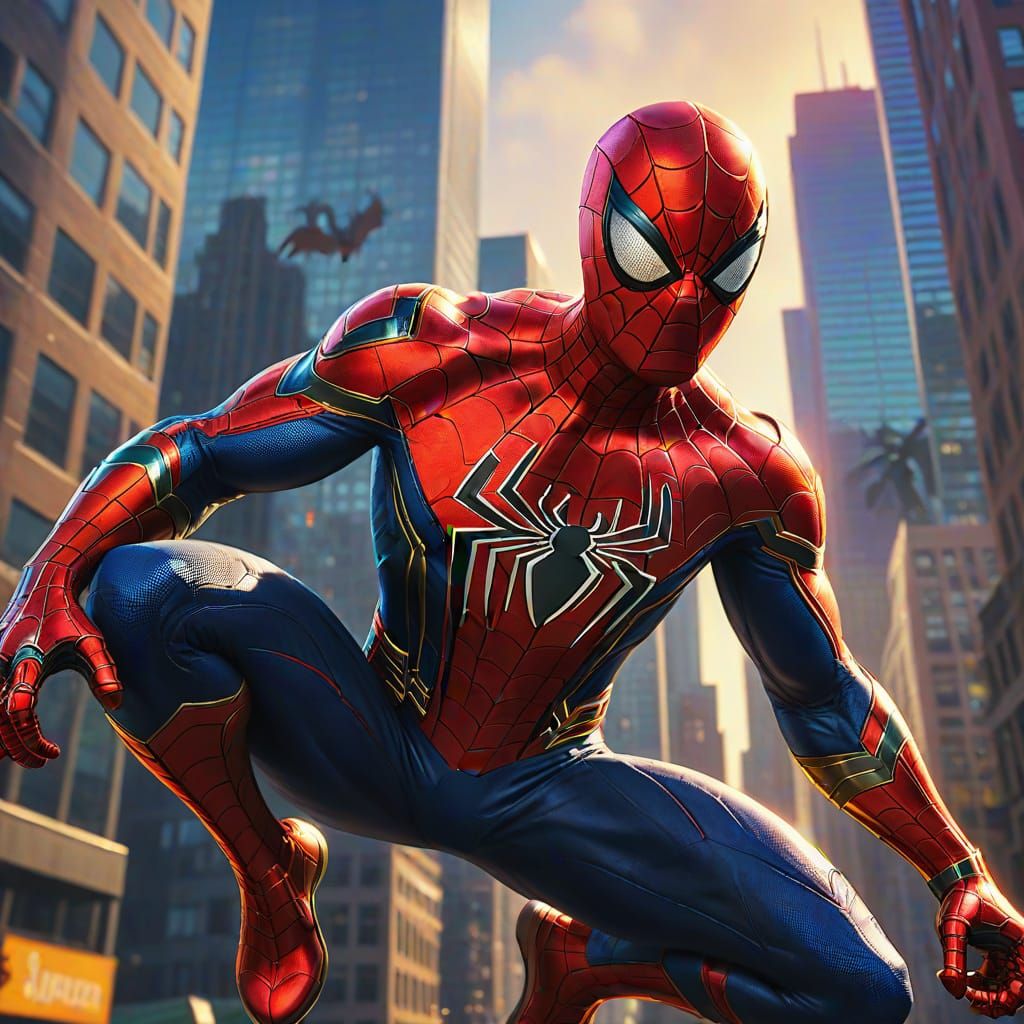 Spider-Man Swings Through City: Fantasy Oil Painting