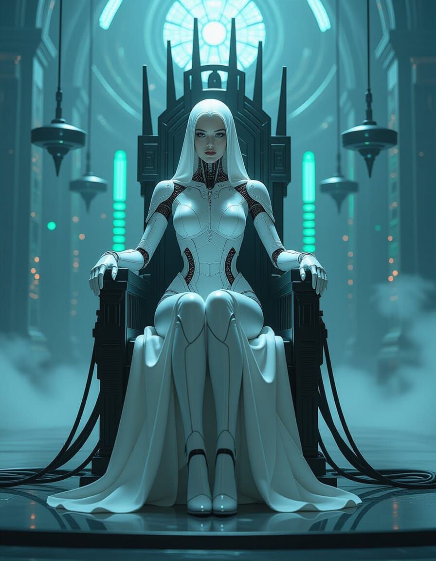 Biomechanical Queen on Cybernetic Throne in Cathedral