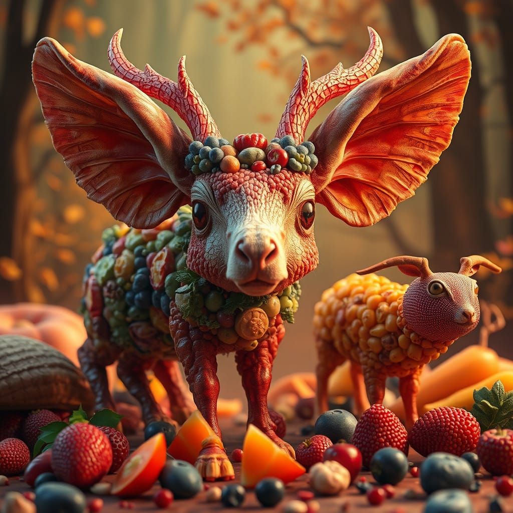 Surreal Food Creatures in Vibrant, Fantastical Landscapes