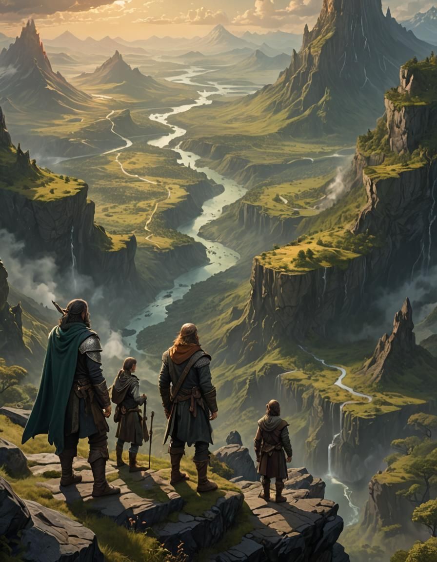 Adventurers on Plateau Overlook a Fantasy Landscape