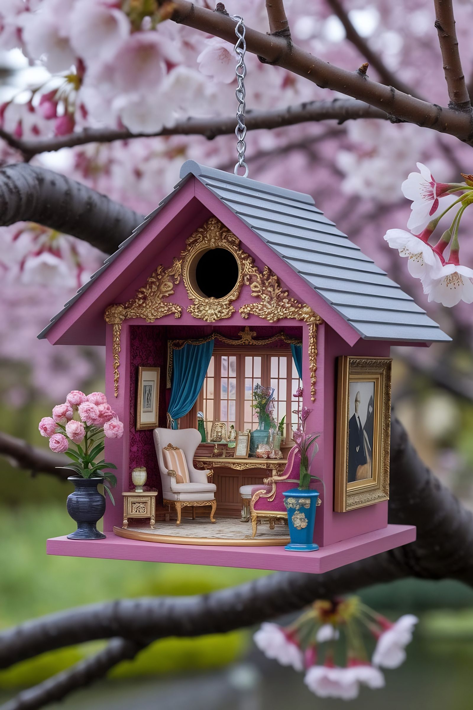 Elaborate Birdhouse in Japanese Garden, Dye-Transfer Art