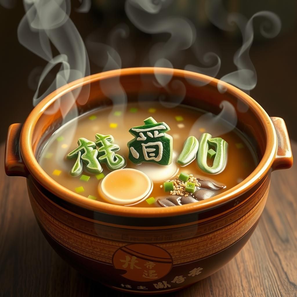 a large pot of soup with several kanji made from food scatte...