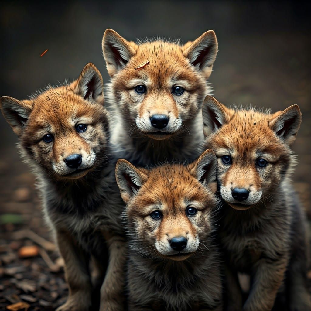 Expressive Wolf Pups Gaze with Sad Eyes