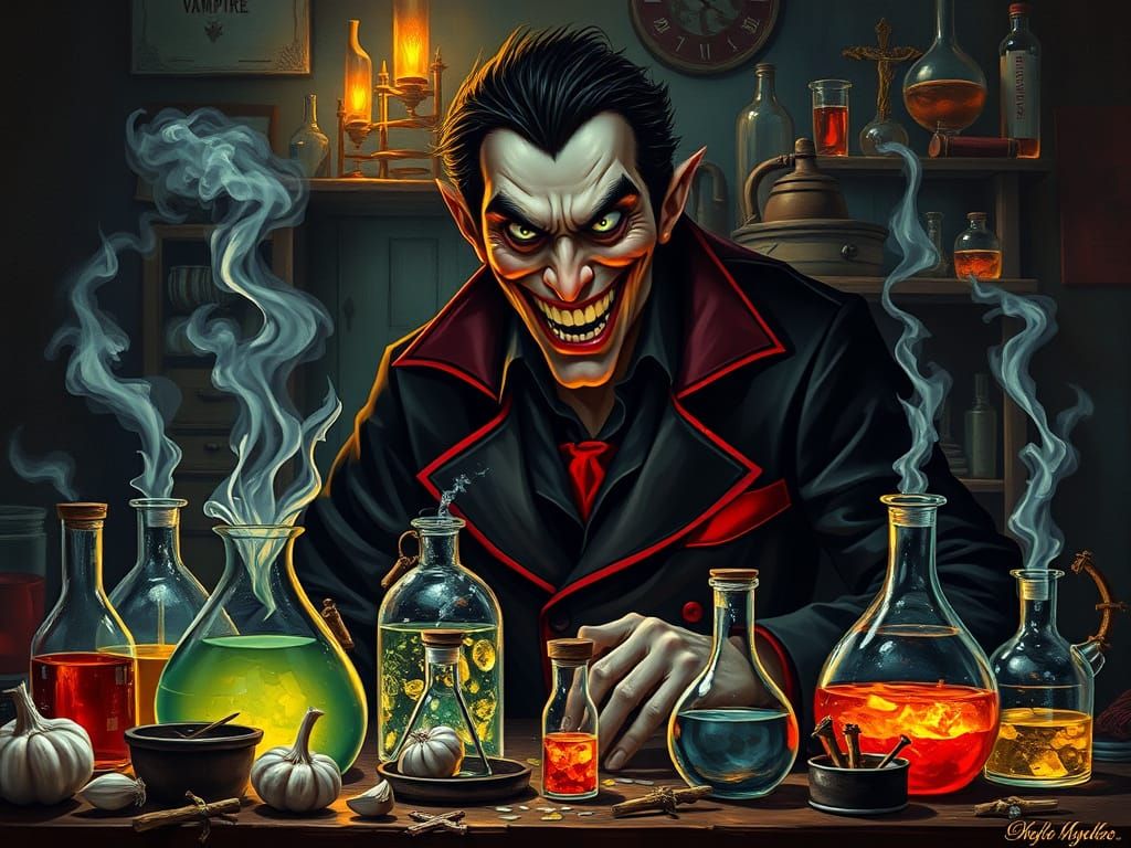 Dark Vampire Alchemist in Crimson Lab Coat