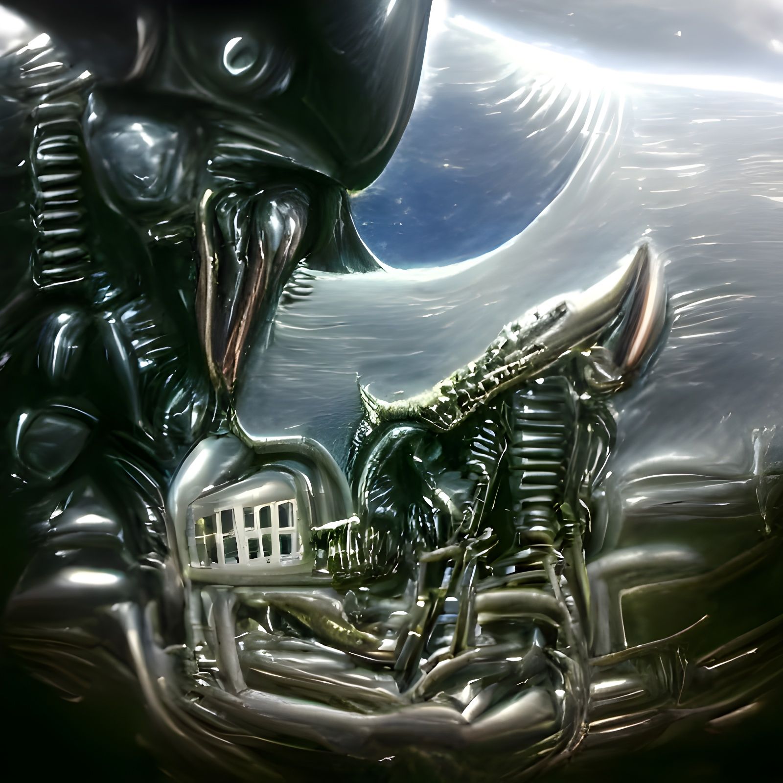 Xenomorph on Distant Moon in Giger Style