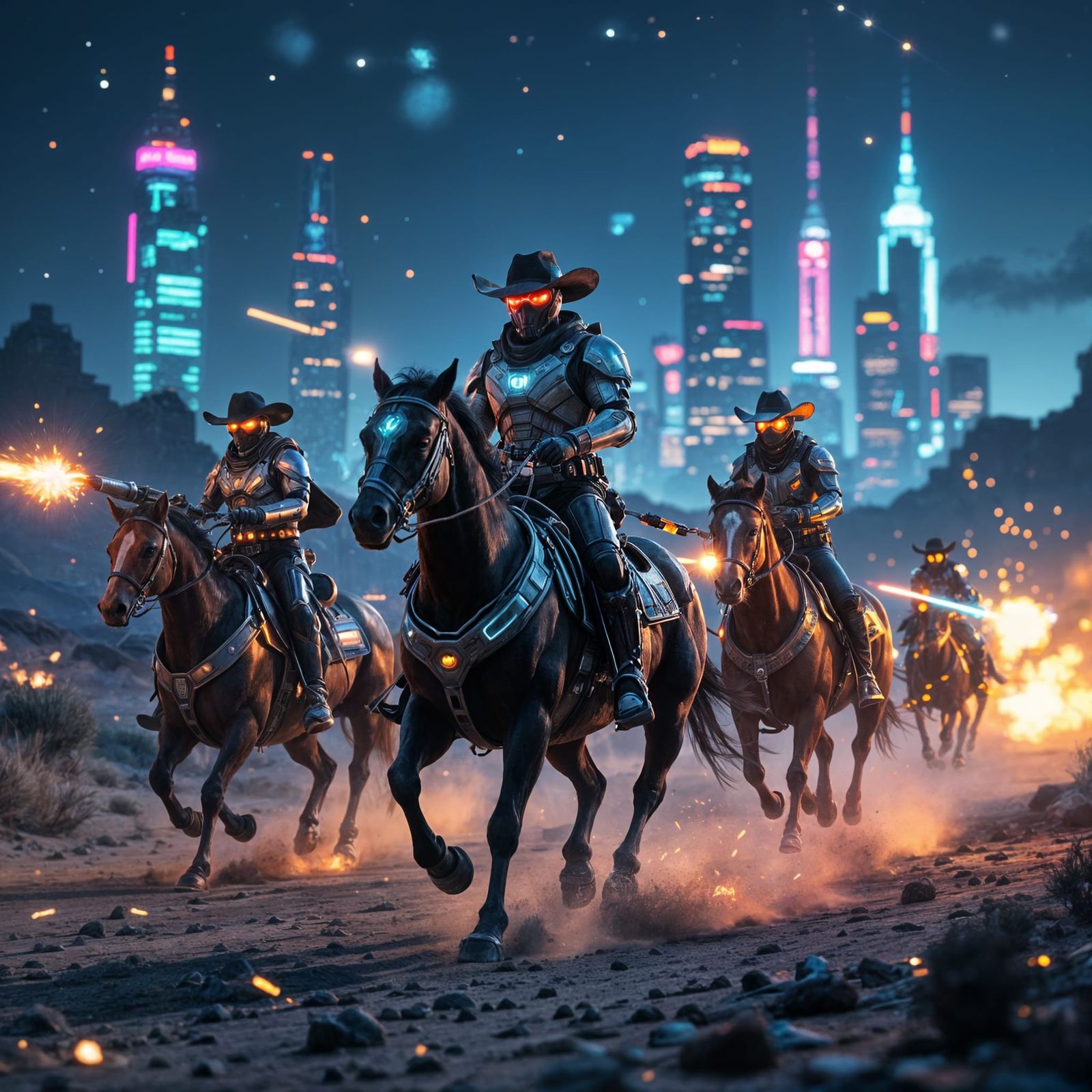 Futuristic Cowboys Charge Through Neon Desert Battlefield