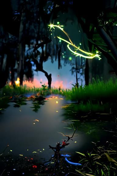 Neon Fairy Chasing Fireflies in Southern Swamp