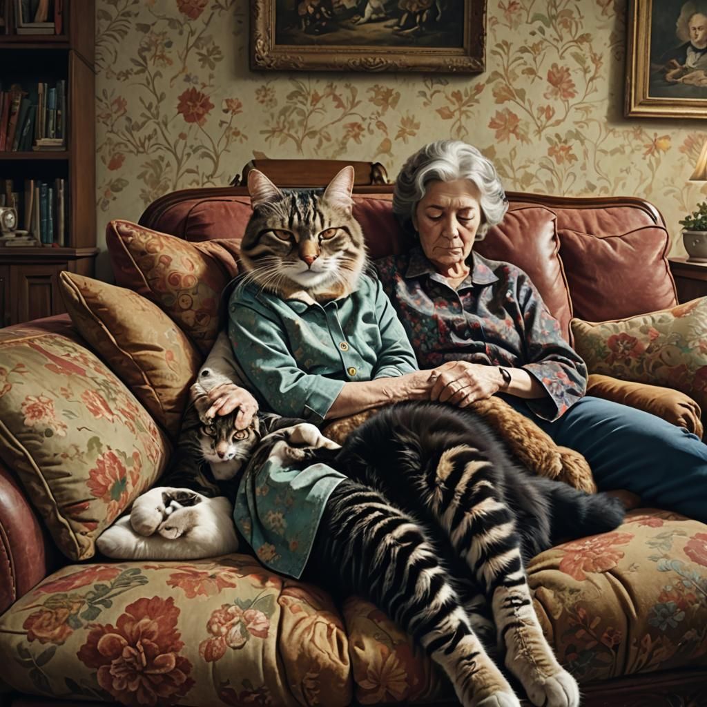 Tabby Cat Napping on Woman's Lap: Digital Matte Painting