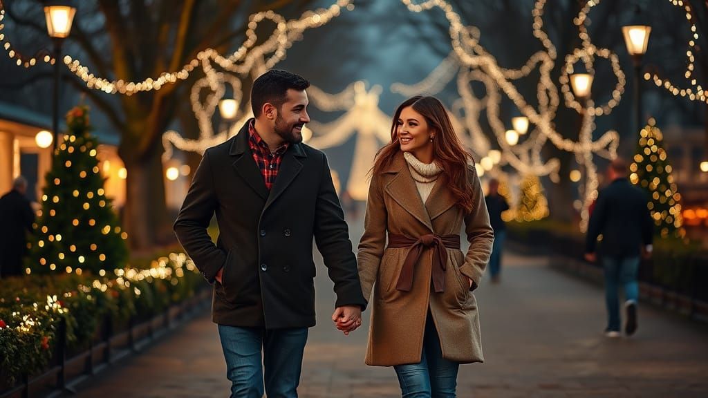 Couple Walking in Festively Lit Park: Bokeh Photography