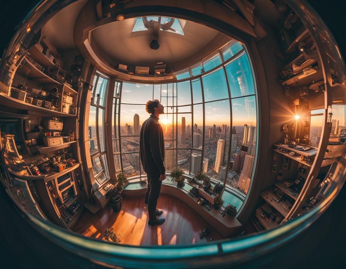 Futuristic Apartment View Through Fishbowl at Magic Hour