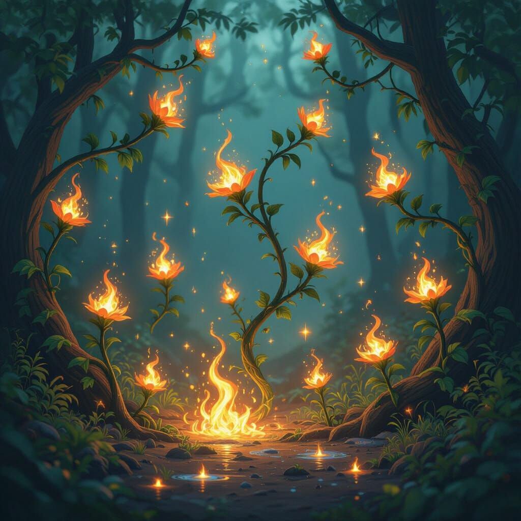 Magical Floating Vines with Fire Petals and Elemental Sprite...