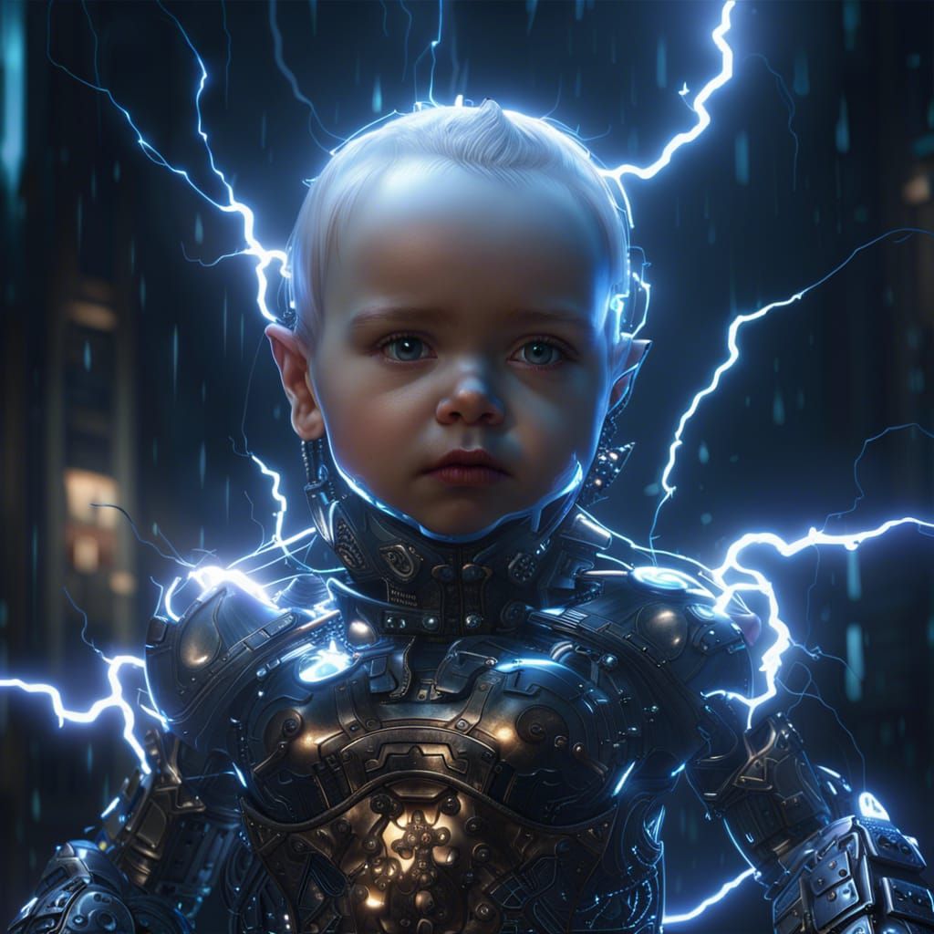 Glassy Cyborg Baby with Volumetric Lighting