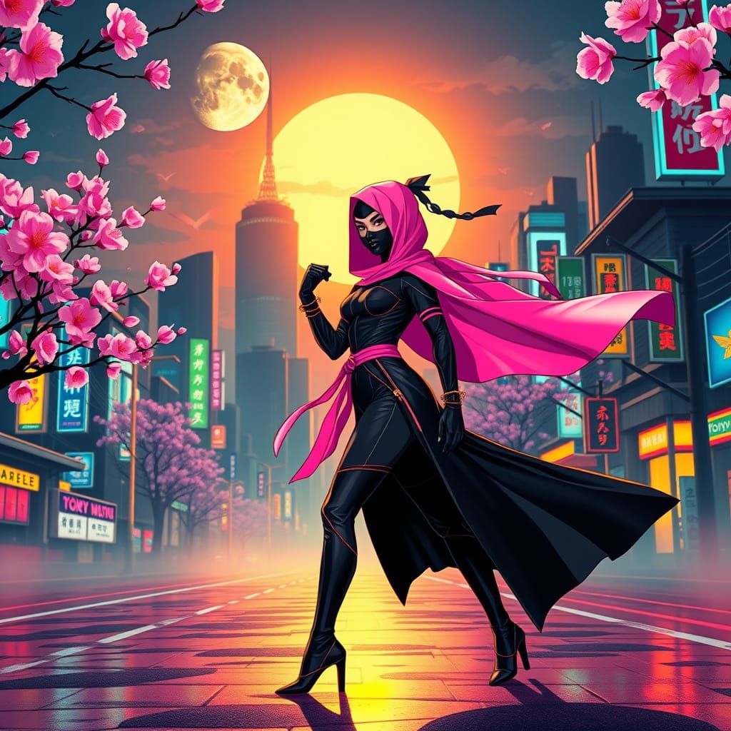 Surreal Ninja Warrior in Cyberpunk Neon Japanese Landscape