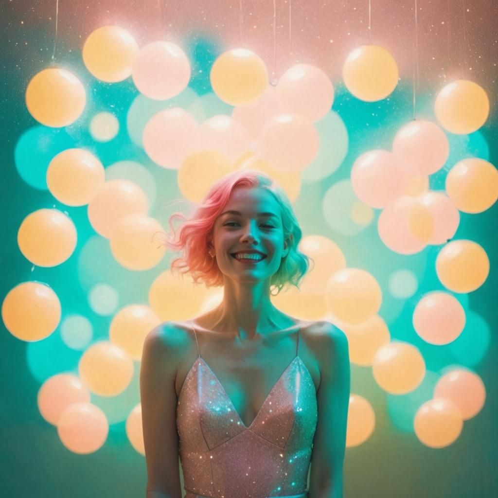 Smiling Woman Bathed in Twinkling Pastel Lights