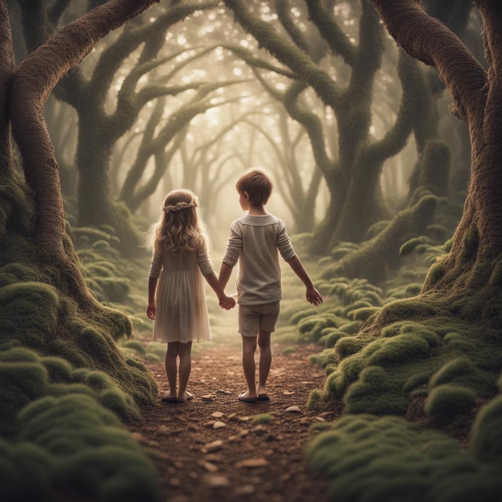 Children Wander in Dreamlike Forest