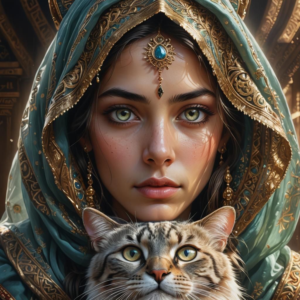 Hyperrealistic digital painting of a beautiful veiled Nomad Princess, highly detailed eyes, special focus on gaze, highl...