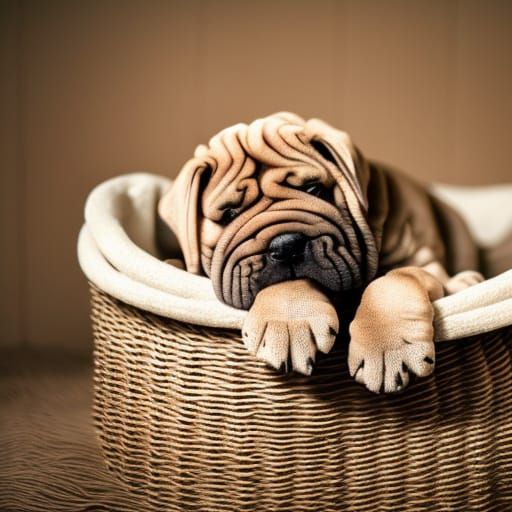 Sleepy Shar Pei Puppy in Wicker Basket