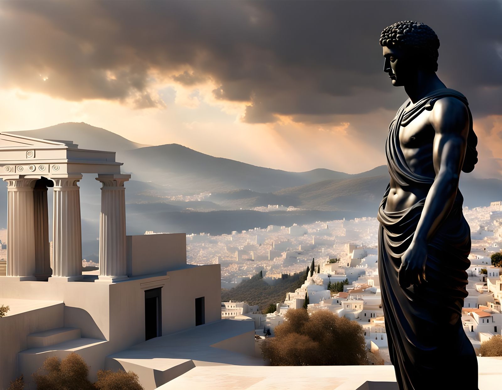 Glowing Black Greek Statue Against Ancient Ruins