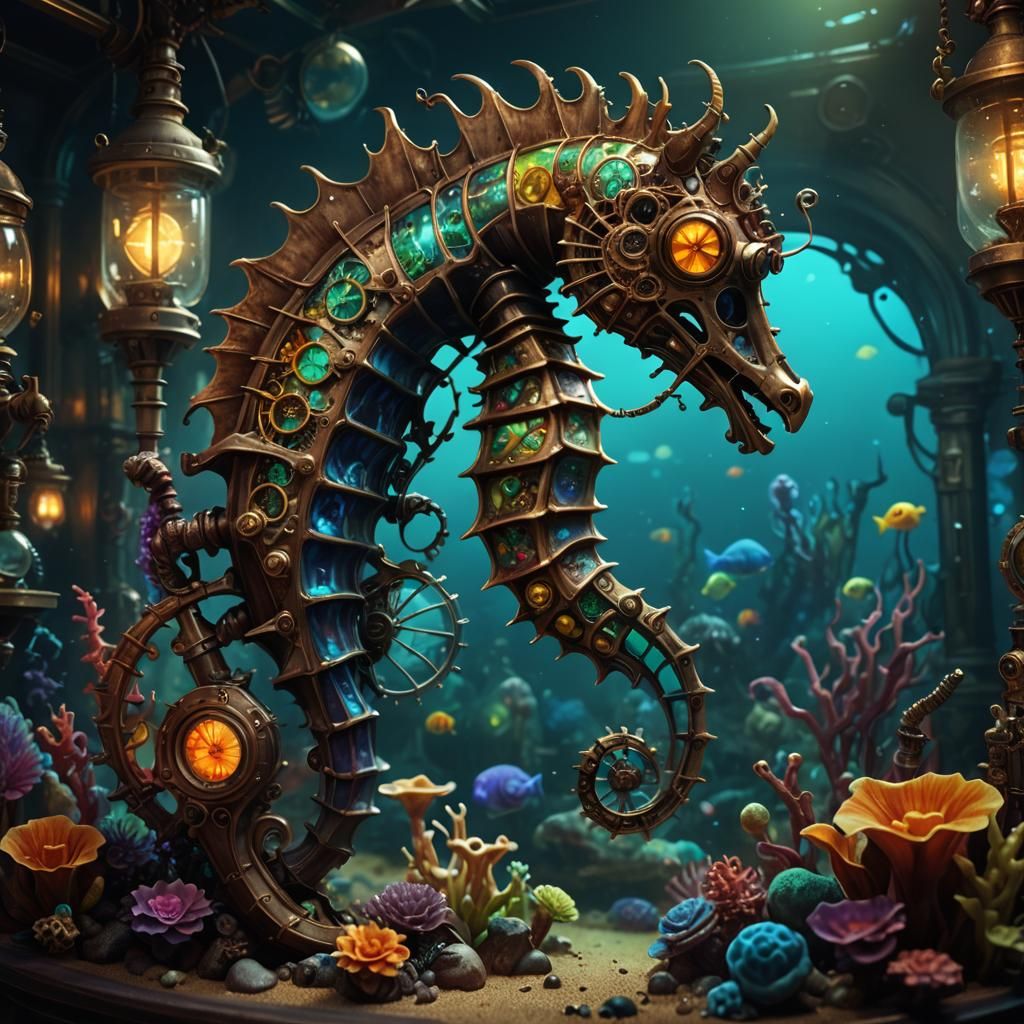 Steampunk Seahorse Aquarium with Alien Creatures