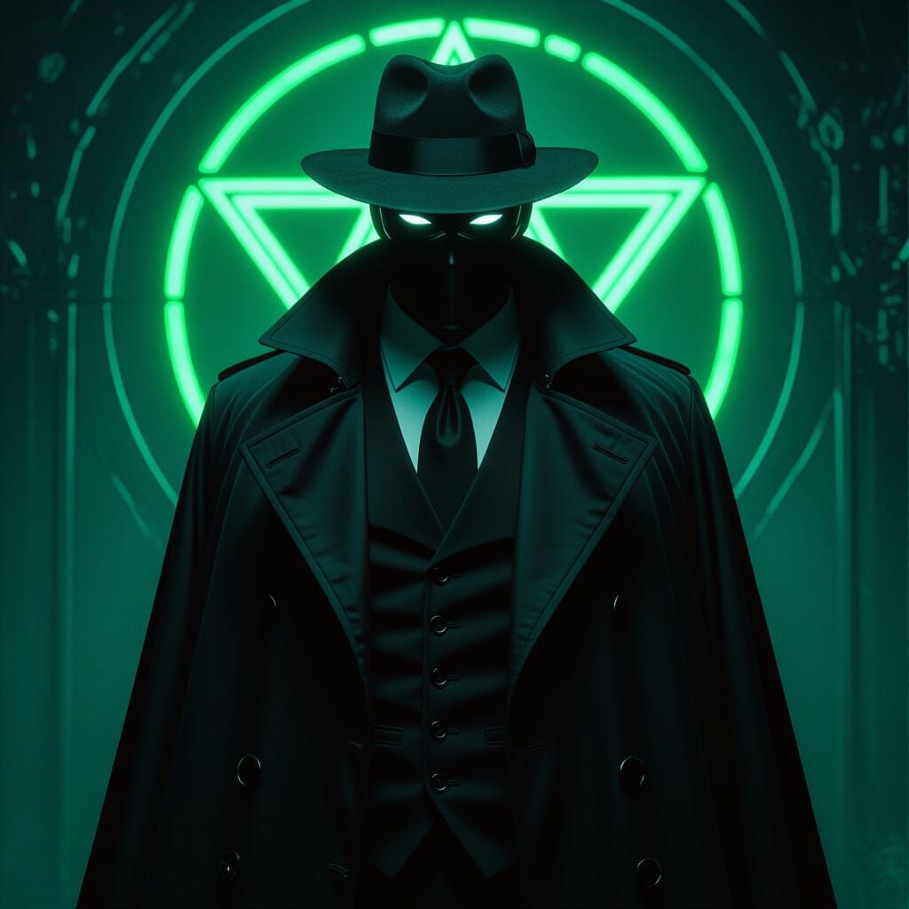 Mysterious Figure in Black with White Eyes