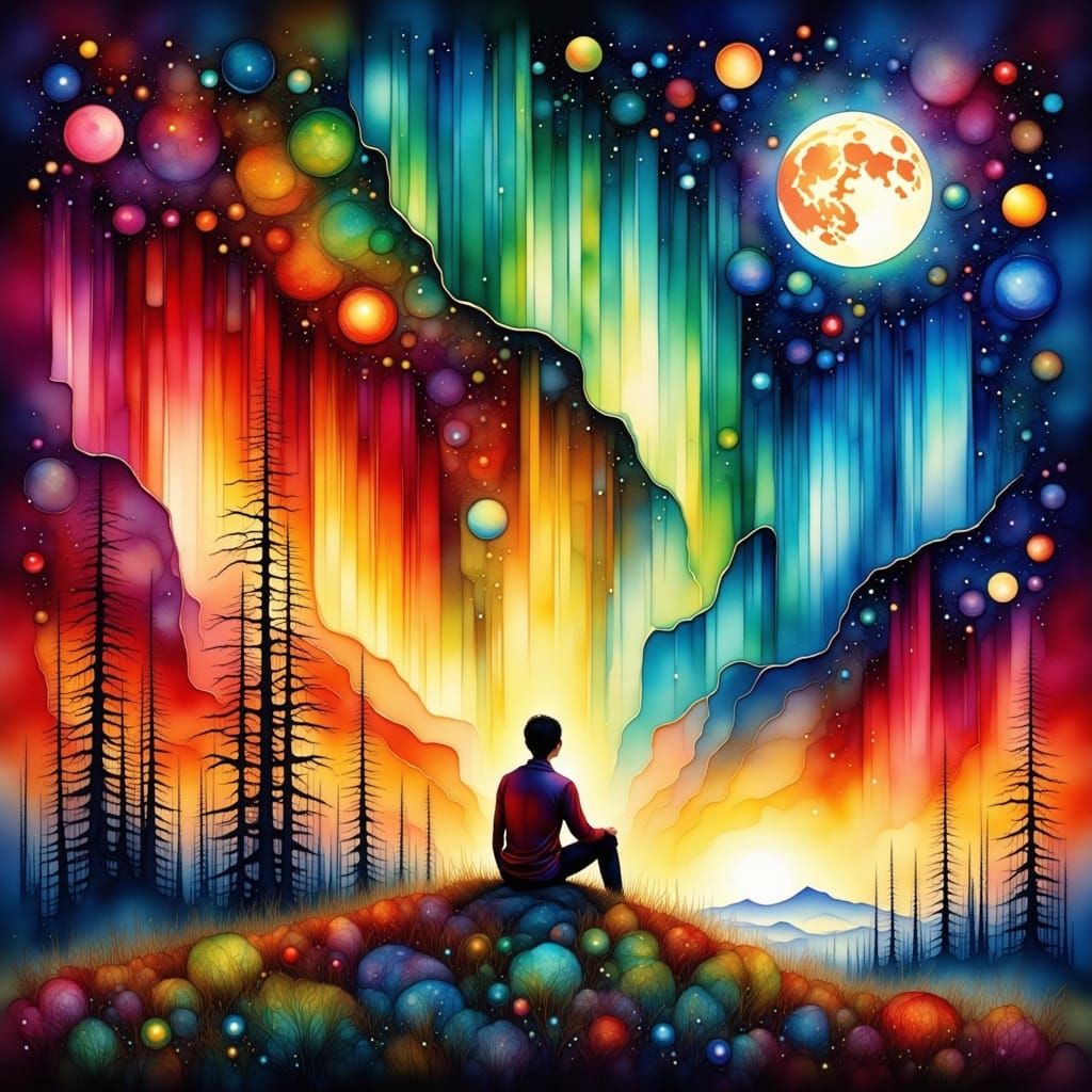 Stick Figure Gazing at Northern Lights