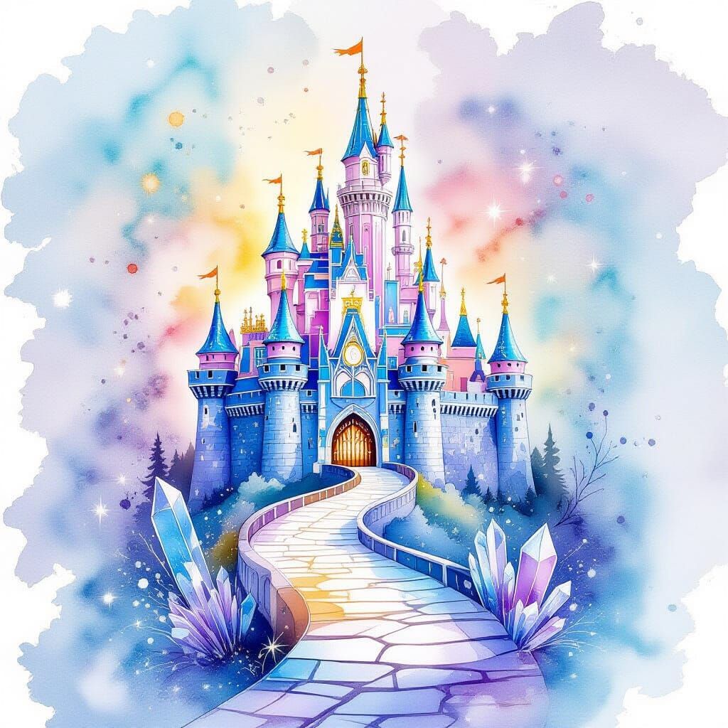 Crystal Path to Castle in Watercolor Style