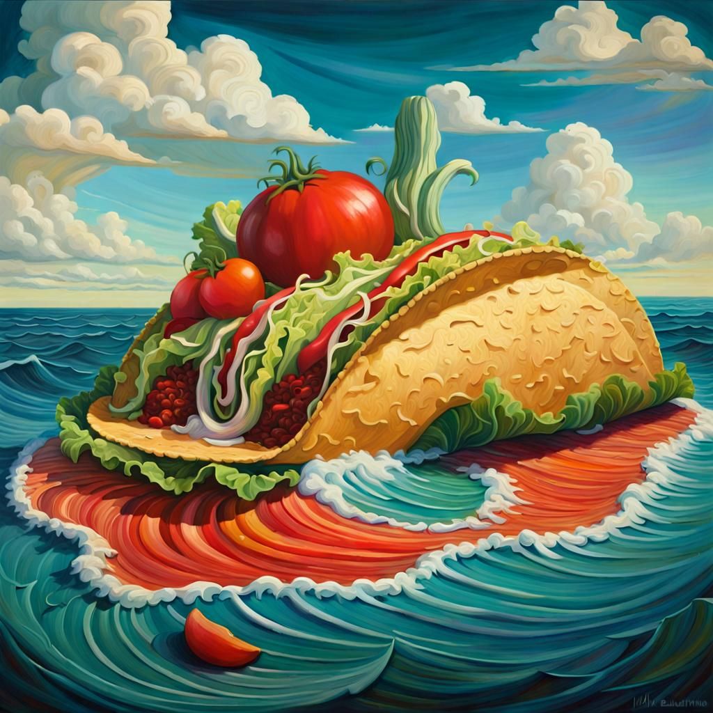 Surreal Taco Island with Tomato Beach, Impasto Style