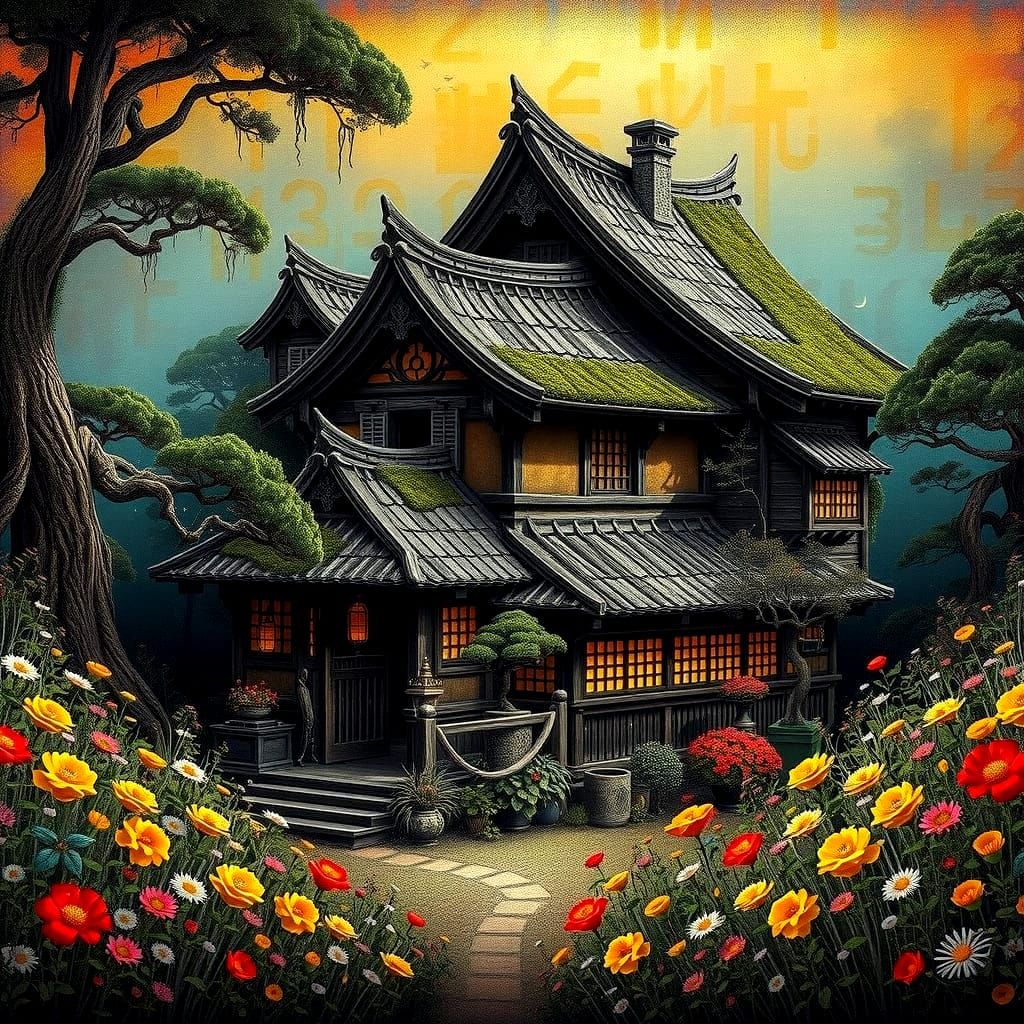 Traditional Japanese House in Vibrant Blooming Garden