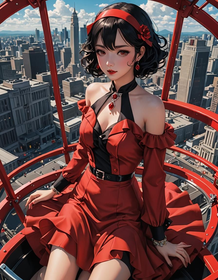 Red 1930s Suit on Ferris Wheel in Anime Style