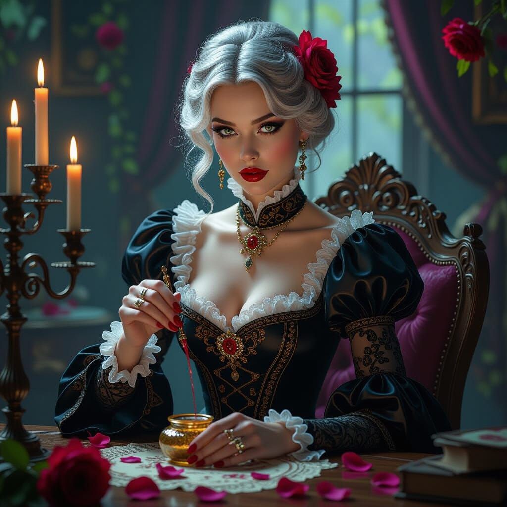 Victorian Woman Prepares Poison in Floral Room