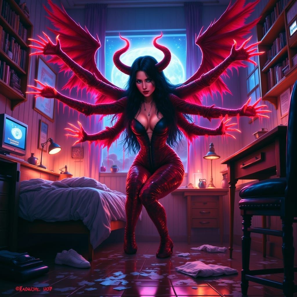 Demonic Student With Extra Limbs in Dorm Room