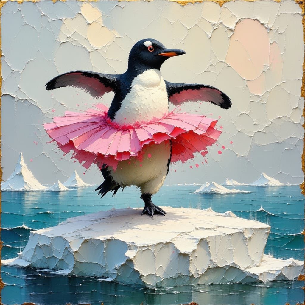 Impasto painting of Penguin wearing pink tutu dancing on an iceberg. extreme close-up of heavy layered oil paint, thick ...
