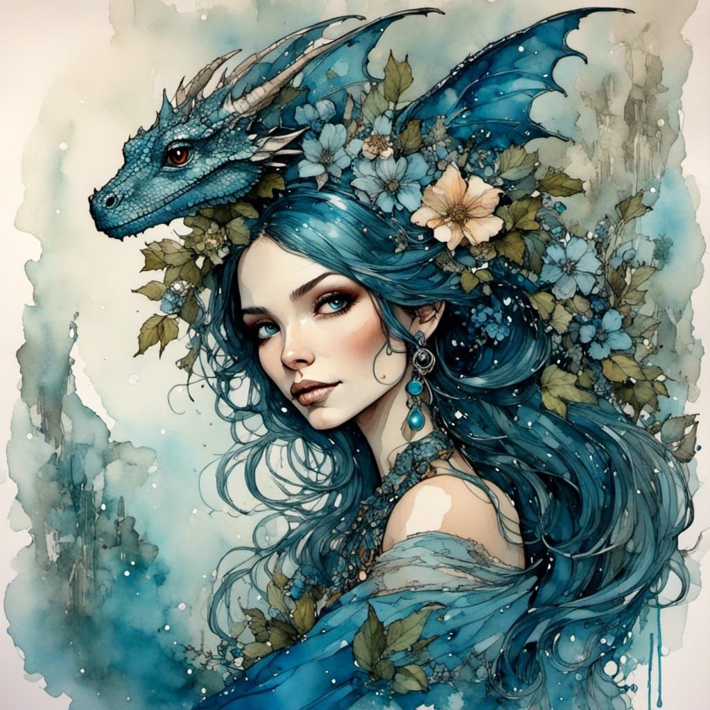 Earth Witch with Water Dragon, Inked Style