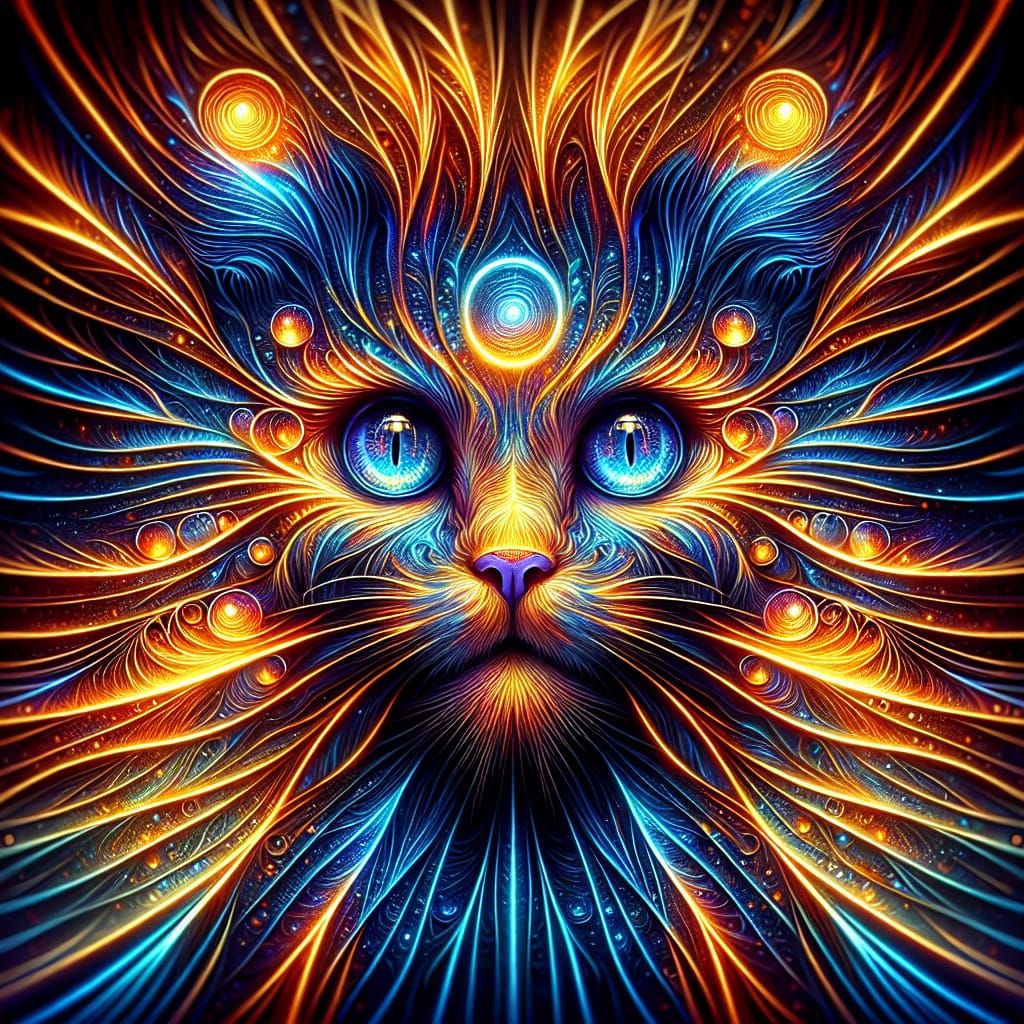 Vibrant Symmetrical Cat Portrait in Surreal Digital Art