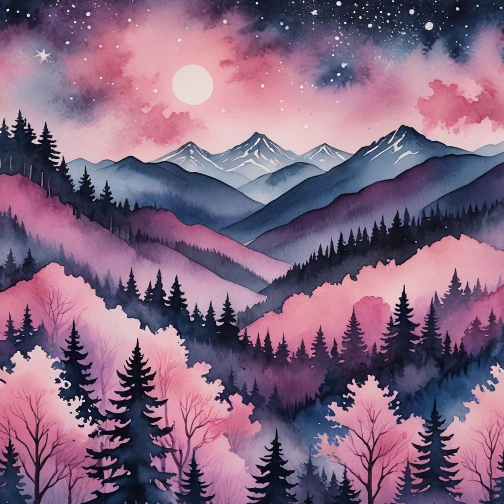 Pink Watercolor Mountain Landscape at Night